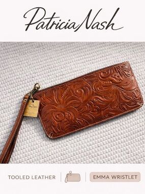 Patricia Nash Tooled Leather Wristlet Florence Embossed Clutch Brown